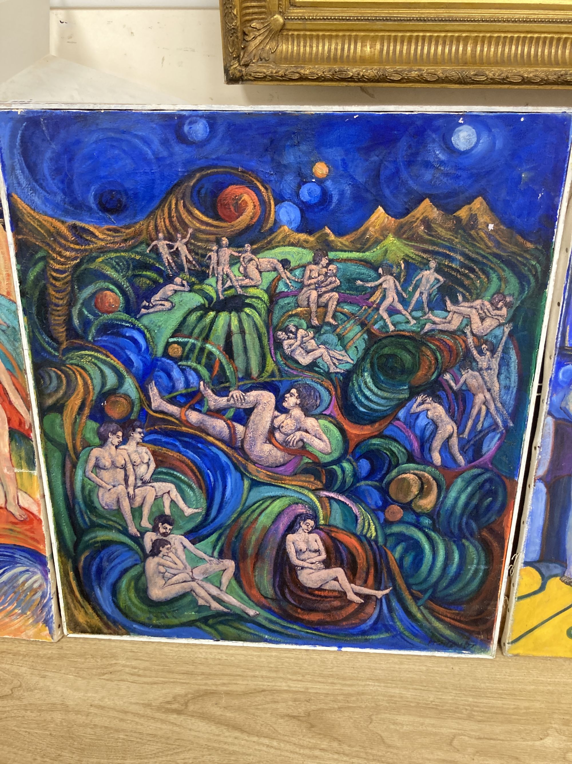 Modern British, three oils on canvas, Nudes in stylised landscapes, largest 71 x 62cm